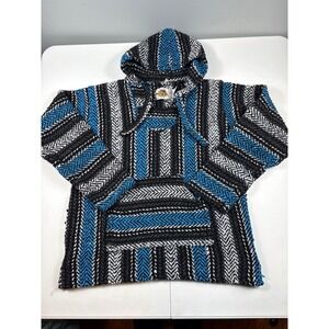 Earth Ragz Women Blue Black White Woven Baja Hoodie Drug Rug Pullover Large